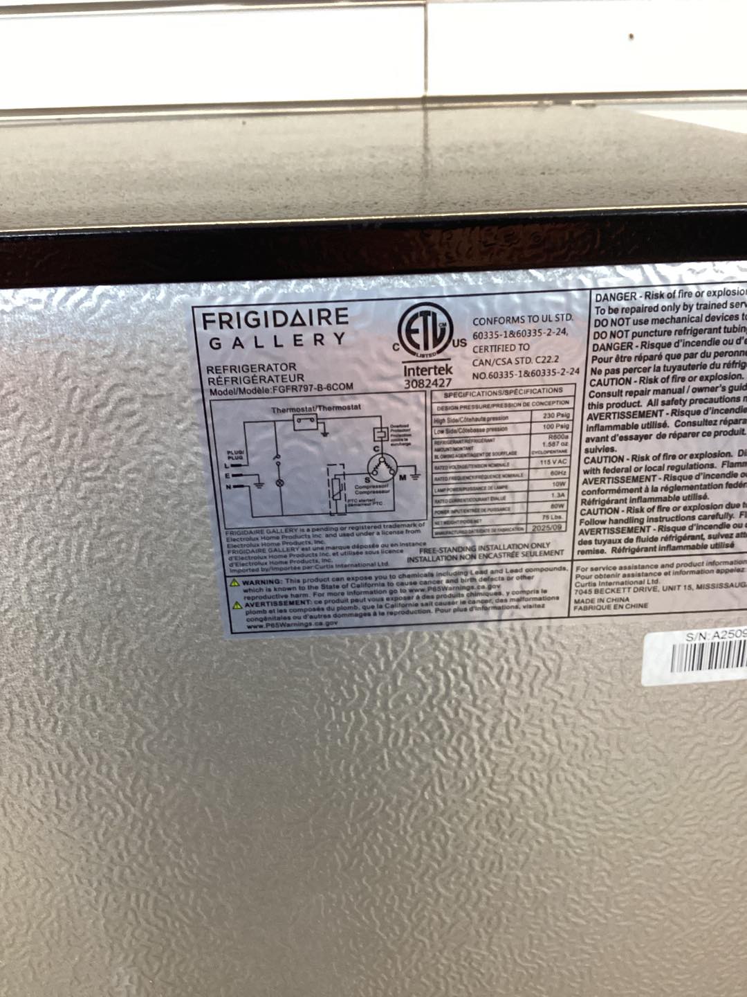 Frigidaire Gallery Top Mount Refrigerator, 7.5 cu ft, Stainless Steel