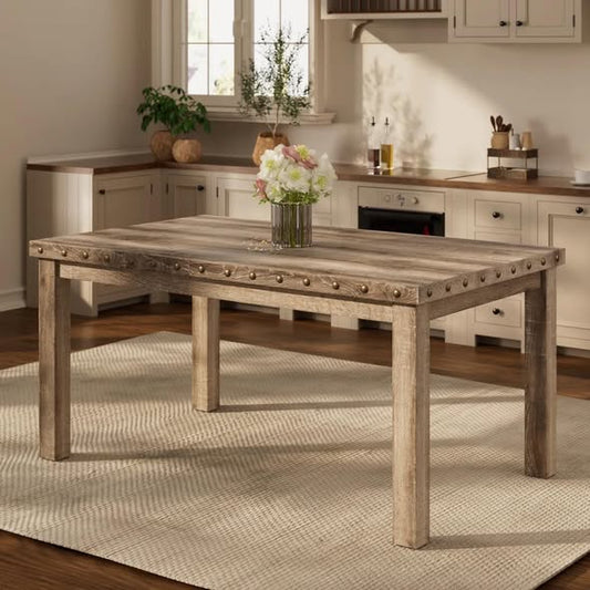 Fort Rustic Wood Dining Table with Rivets and Distressed Texture