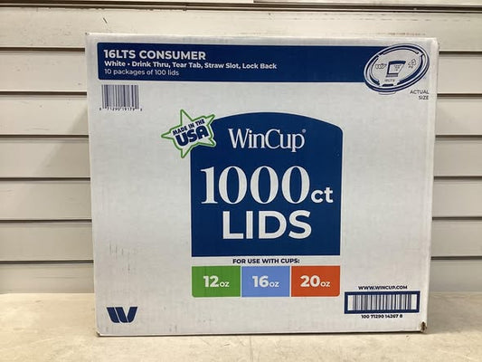 WinCup Lids with Drink Thru Tear Back and Straw Slot, 16 Series, White, 12 oz.-20 oz., 1000 ct.