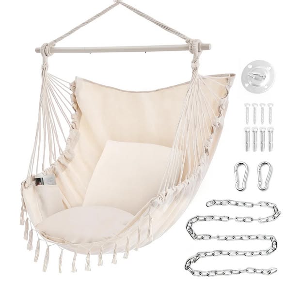 Single Hammock Chair with 2 Cushions, Hammock Swing, Macrame Hammock with High Load-Bearing Metal Rod, Indoor＆Outdoor