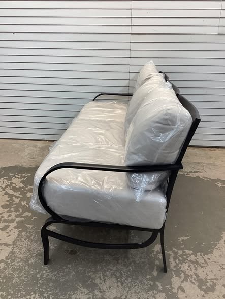 Black Metal Slatted Frame Outdoor Patio 3 Seat Sofa Couch with Beige Cushions