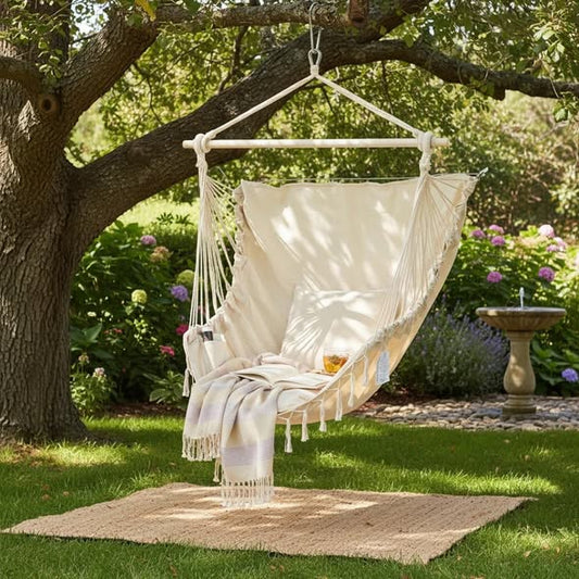 Single Hammock Chair with 2 Cushions, Hammock Swing, Macrame Hammock with High Load-Bearing Metal Rod, Indoor＆Outdoor