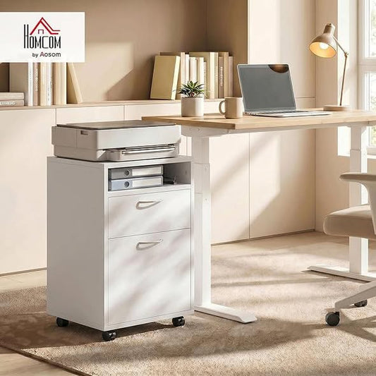 HOMCOM Mobile Storage Cabinet Organizer with Drawer and Cabinet, Printer Stand with Castors, White