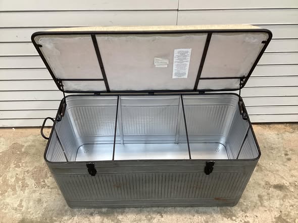 Metal Galvanized Storage Bench with Cream Burlap Top and Black Latches