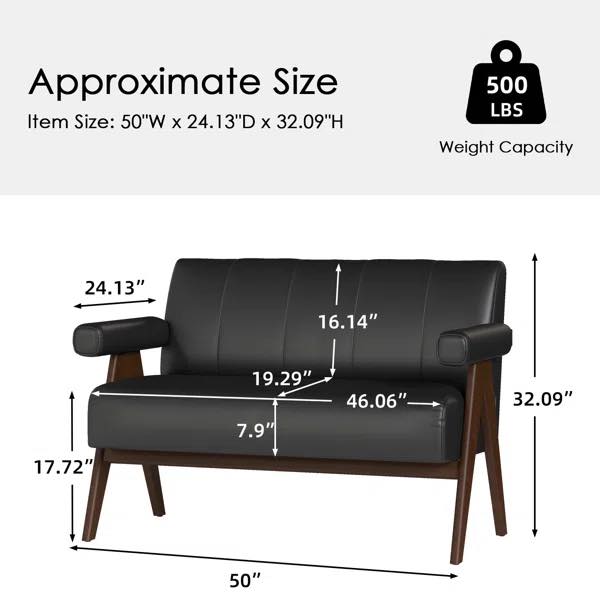 50"w Black Faux Leather Loveseat With Thickened Backrest & Armrests