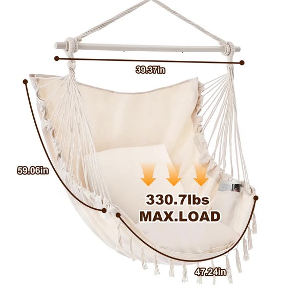 Single Hammock Chair with 2 Cushions, Hammock Swing, Macrame Hammock with High Load-Bearing Metal Rod, Indoor＆Outdoor