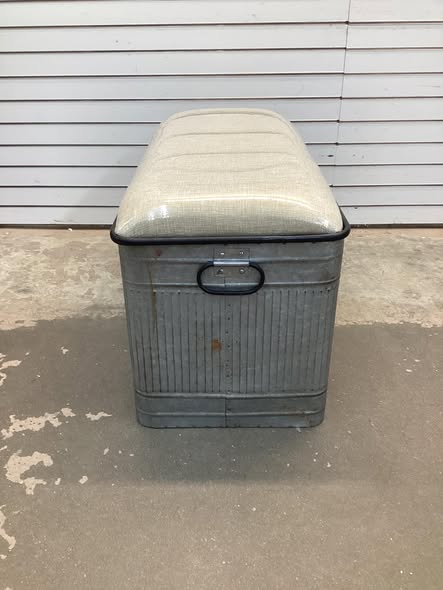 Metal Galvanized Storage Bench with Cream Burlap Top and Black Latches