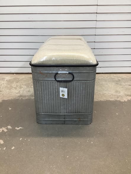Metal Galvanized Storage Bench with Cream Burlap Top and Black Latches