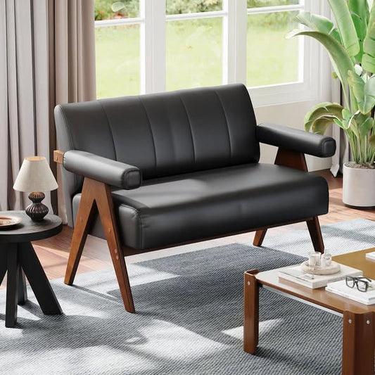 50"w Black Faux Leather Loveseat With Thickened Backrest & Armrests