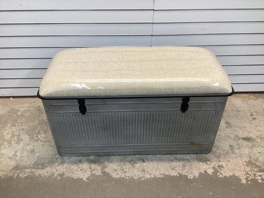 Metal Galvanized Storage Bench with Cream Burlap Top and Black Latches