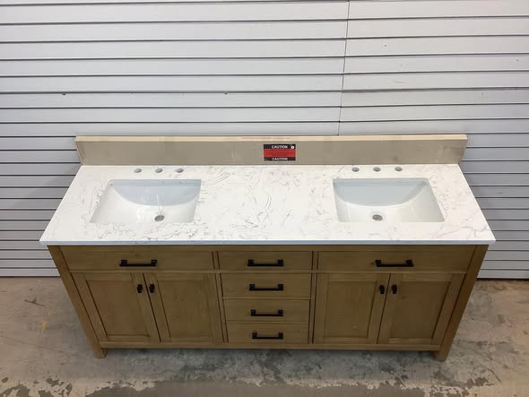 SUDIO Jasper 72 in. W x 22 in. D x 34 in.H Bath Vanity in Textured Natural with Carrara White Engineered Stone Top with Sinks