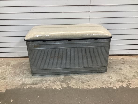 Metal Galvanized Storage Bench with Cream Burlap Top and Black Latches