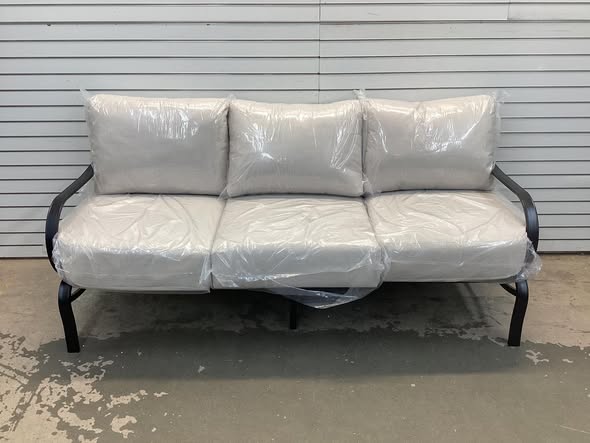 Black Metal Slatted Frame Outdoor Patio 3 Seat Sofa Couch with Beige Cushions