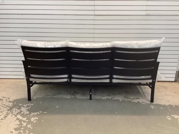 Black Metal Slatted Frame Outdoor Patio 3 Seat Sofa Couch with Beige Cushions