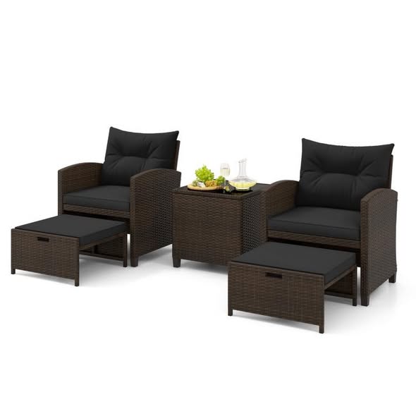 PatioJoy 5 Pieces Patio Rattan Furniture with 2 Ottomans and Tempered Glass Coffee Table