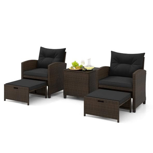 PatioJoy 5 Pieces Patio Rattan Furniture with 2 Ottomans and Tempered Glass Coffee Table