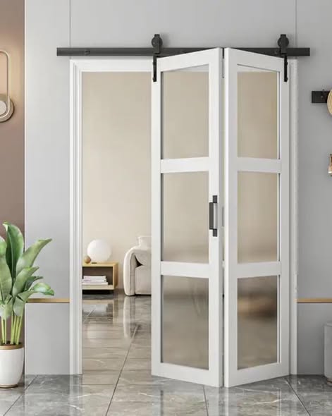 84''H x 40”W Double Bi Fold 3 Lite Glass Door Primed Finish With Primed Finish Barn Doors