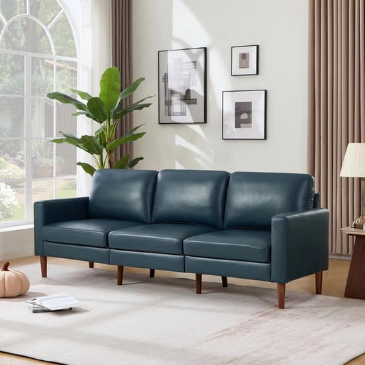 91.73'' Faux Leather Square Arm Sofa Blue