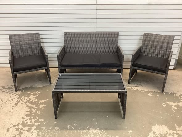 Costway 4PCS Patio Rattan Furniture Conversation Set, Glass Table Top, Cushioned Sofa