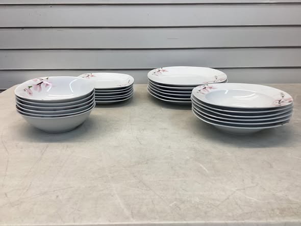 24-Piece Ivory White Cherry Blossom Dinnerware Set for 6, Includes Dinner Plates, Dessert Plates, Soup Bowls & Cereal Bowls