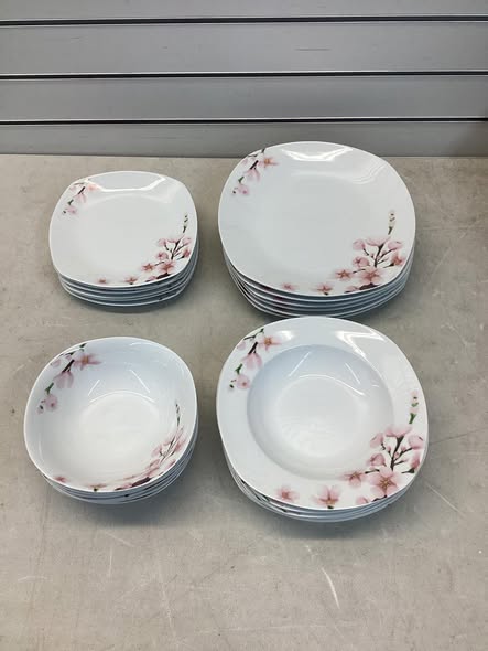 24-Piece Ivory White Cherry Blossom Dinnerware Set for 6, Includes Dinner Plates, Dessert Plates, Soup Bowls & Cereal Bowls