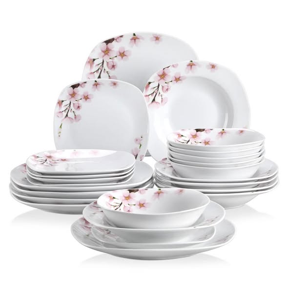 24-Piece Ivory White Cherry Blossom Dinnerware Set for 6, Includes Dinner Plates, Dessert Plates, Soup Bowls & Cereal Bowls