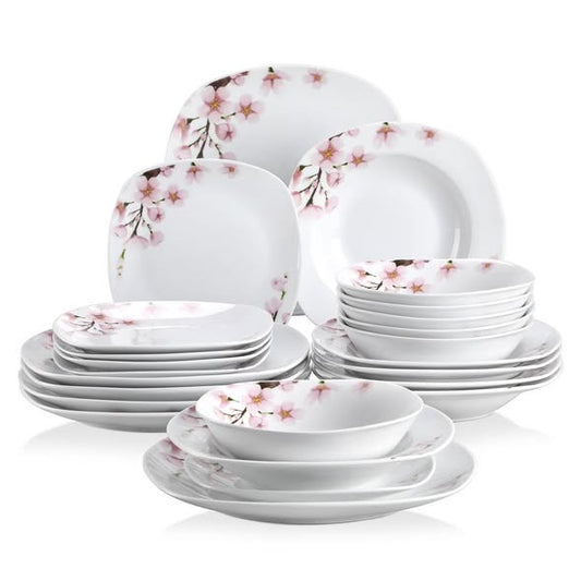 24-Piece Ivory White Cherry Blossom Dinnerware Set for 6, Includes Dinner Plates, Dessert Plates, Soup Bowls & Cereal Bowls