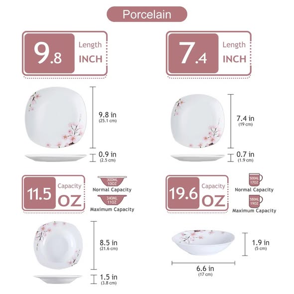 24-Piece Ivory White Cherry Blossom Dinnerware Set for 6, Includes Dinner Plates, Dessert Plates, Soup Bowls & Cereal Bowls
