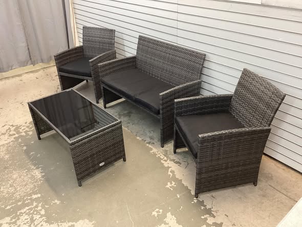 Costway 4PCS Patio Rattan Furniture Conversation Set, Glass Table Top, Cushioned Sofa