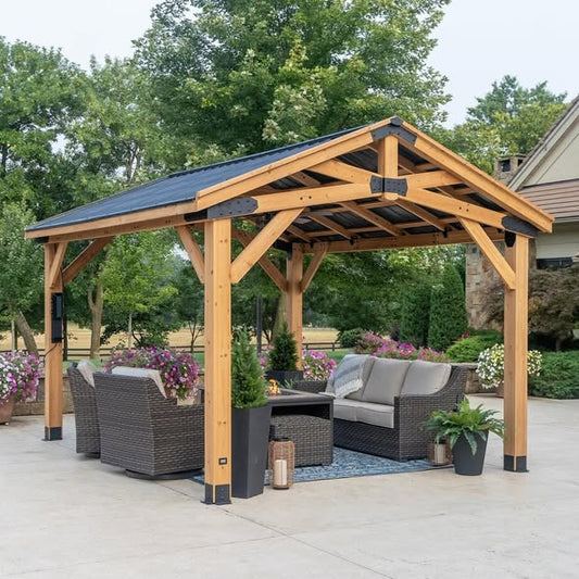 Backyard Discovery 14' x 12' Cedar Wood Peak Roof Gazebo with PowerPort