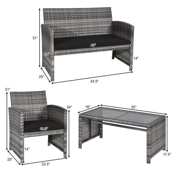 Costway 4PCS Patio Rattan Furniture Conversation Set, Glass Table Top, Cushioned Sofa