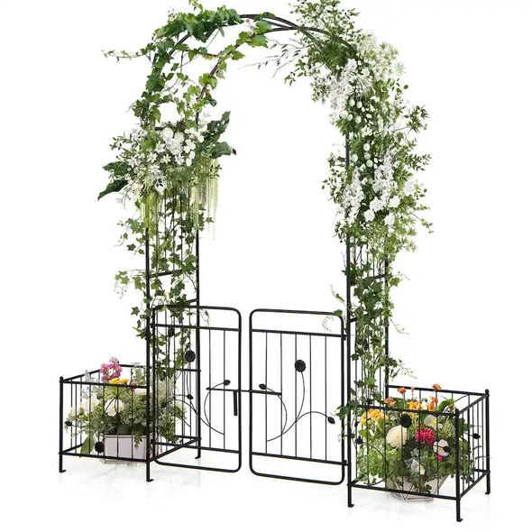 Costway - 87" Garden Arbor Arched Lockable Gate Top Arbor Trellis with Side Planters - Black
