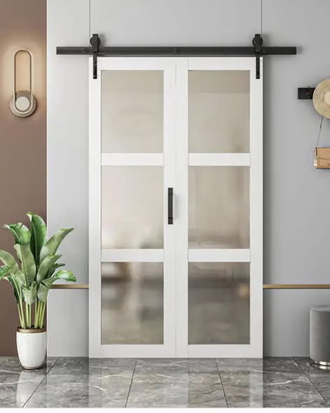 84''H x 40”W Double Bi Fold 3 Lite Glass Door Primed Finish With Primed Finish Barn Doors