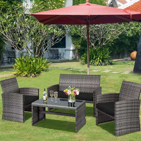 Costway 4PCS Patio Rattan Furniture Conversation Set, Glass Table Top, Cushioned Sofa