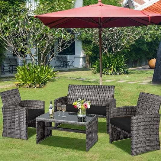 Costway 4PCS Patio Rattan Furniture Conversation Set, Glass Table Top, Cushioned Sofa
