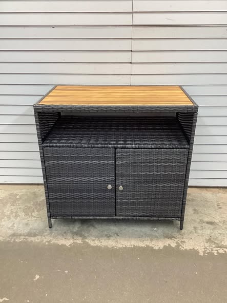 Rattan Storage Cabinet with Acacia Wood Countertop for Poolside Deck and Patio