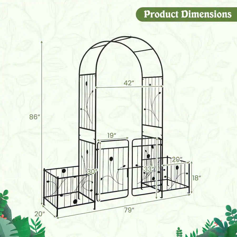 Costway - 87" Garden Arbor Arched Lockable Gate Top Arbor Trellis with Side Planters - Black