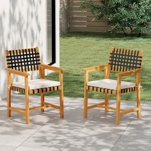 PatioJoy Outdoor Wooden Dining Chair Set of 2 with Armrests and Curved Back