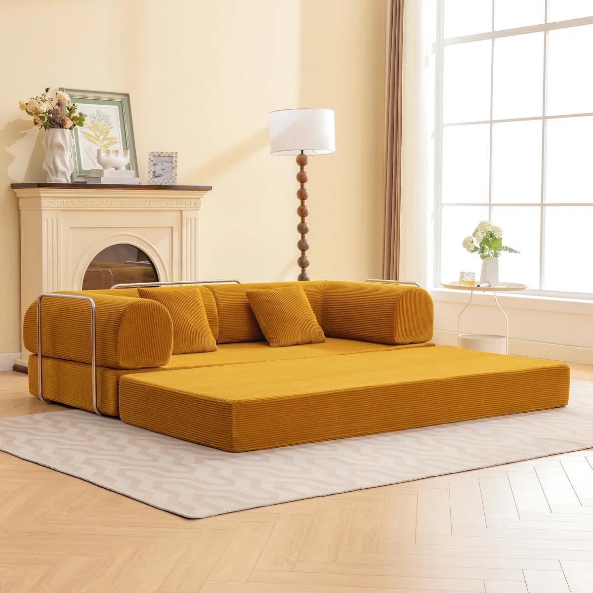 Adonia Foldable Three Person Corduroy Fabric Sofa Bed with High-Rebound Density Sponge