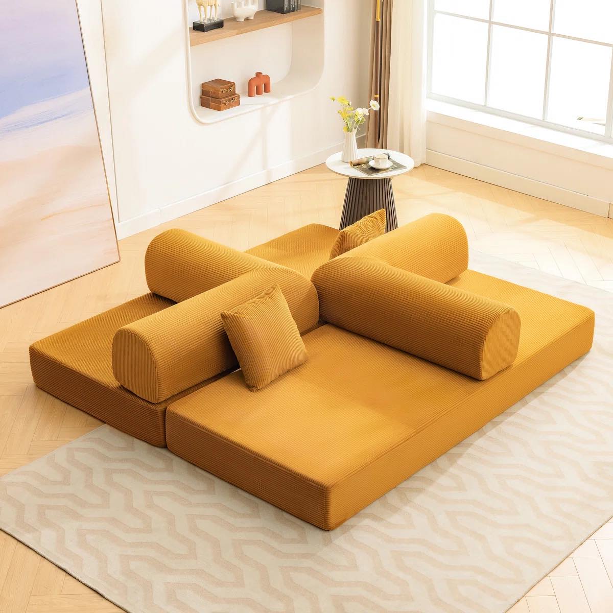 Adonia Foldable Three Person Corduroy Fabric Sofa Bed with High-Rebound Density Sponge