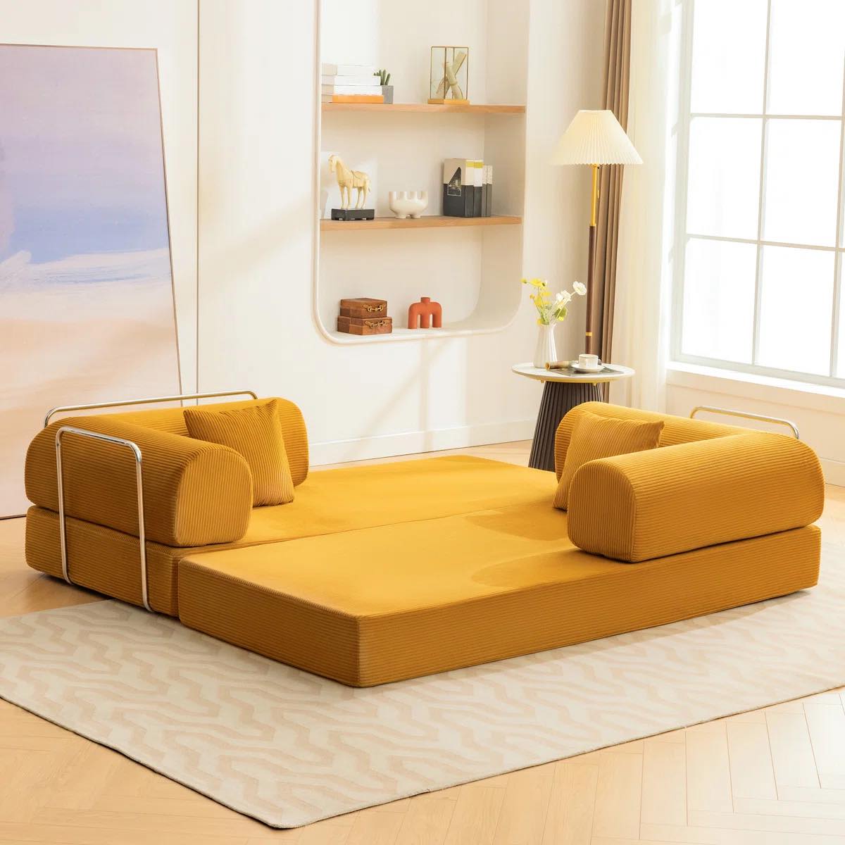 Adonia Foldable Three Person Corduroy Fabric Sofa Bed with High-Rebound Density Sponge