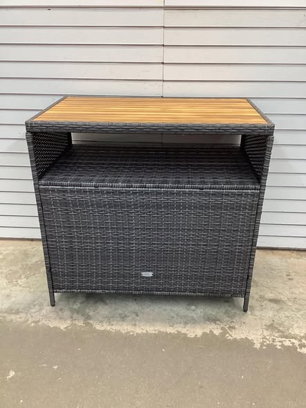 Rattan Storage Cabinet with Acacia Wood Countertop for Poolside Deck and Patio