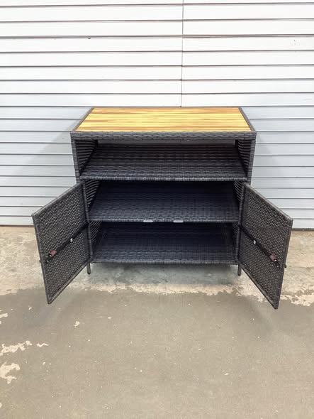 Rattan Storage Cabinet with Acacia Wood Countertop for Poolside Deck and Patio