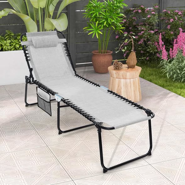 Costway Patio Folding Chaise Lounge Chair Portable Sun Lounger with Adjustable Backrest Gray