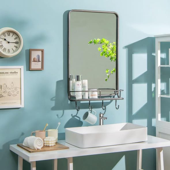 Wall Mirror with Shelf Hooks Sturdy Metal Frame
