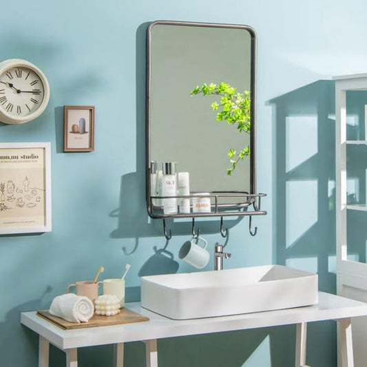 Wall Mirror with Shelf Hooks Sturdy Metal Frame