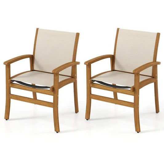 Patio Chairs Set of 2 Acacia Wood Armchairs with Breathable Fabric Back and Seat