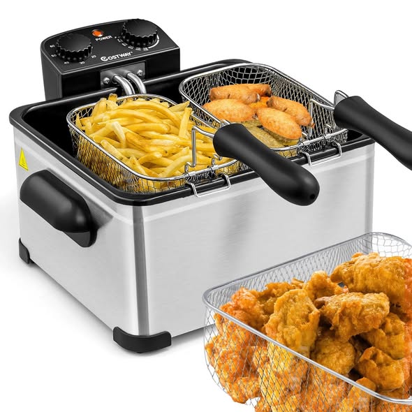 Electric Deep Fryer 5.3QT/21-Cup Stainless Steel 1700W with Triple Basket