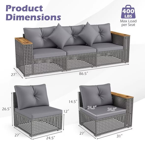 Costway Patio Wicker Sectional Furniture Set, 3 Piece Outdoor Couch Set for Garden Gray