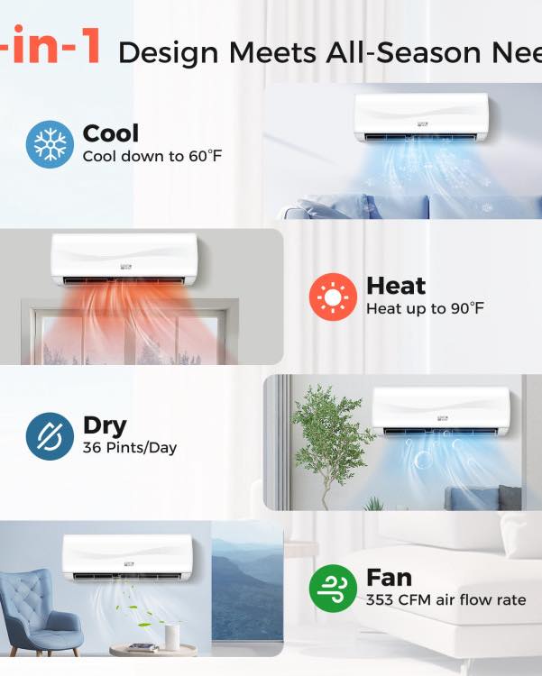Costway 12000 BTU 17 SEER2 208-230V Ductless Mini Split Air Conditioner and Heater